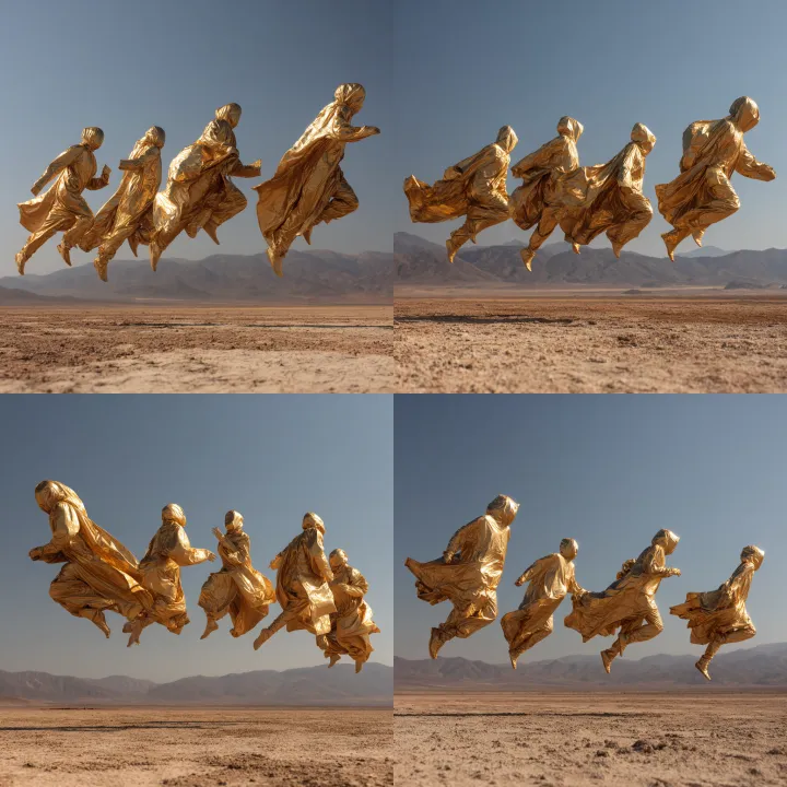 Small group of people with golden bodies falling, 