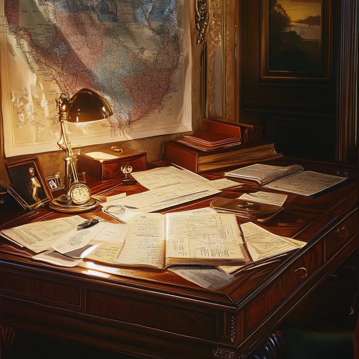 A luxurious study with a large mahogany desk , sca