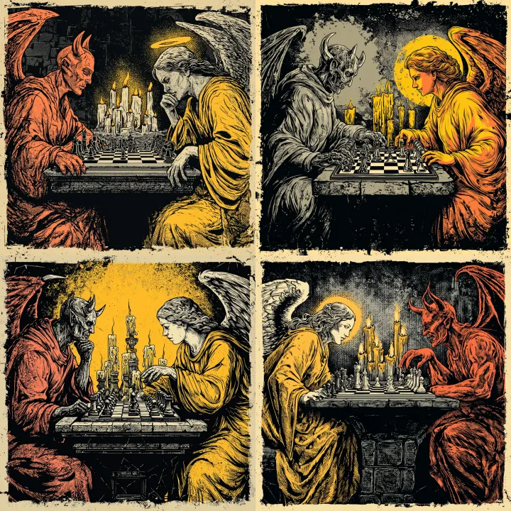Angel and demon playing chess from demon’s perspec