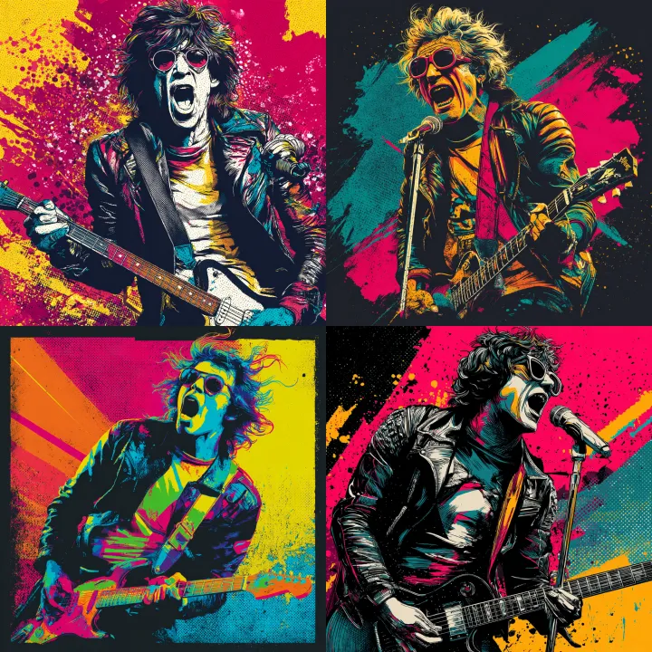 1970s rock and roll guitarist mid-performance, ele