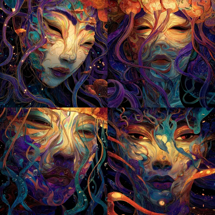 portrait human female robot, jellyfish mask,intric