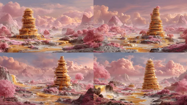 a pink fantasy landscape made entirely from breakf