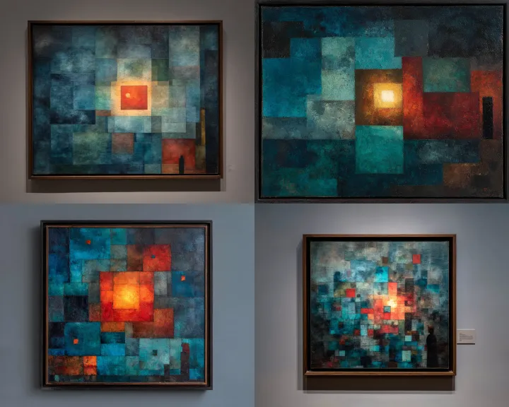 a framed painting of an abstract composition in sh