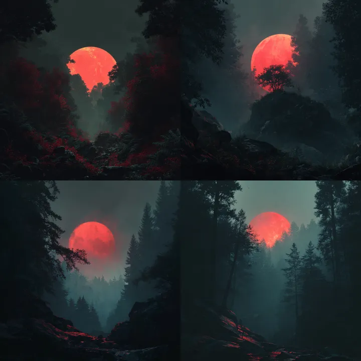 a dark florest with a red moon on top of it