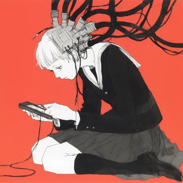 black + red + grey color palette, 90s anime-style 