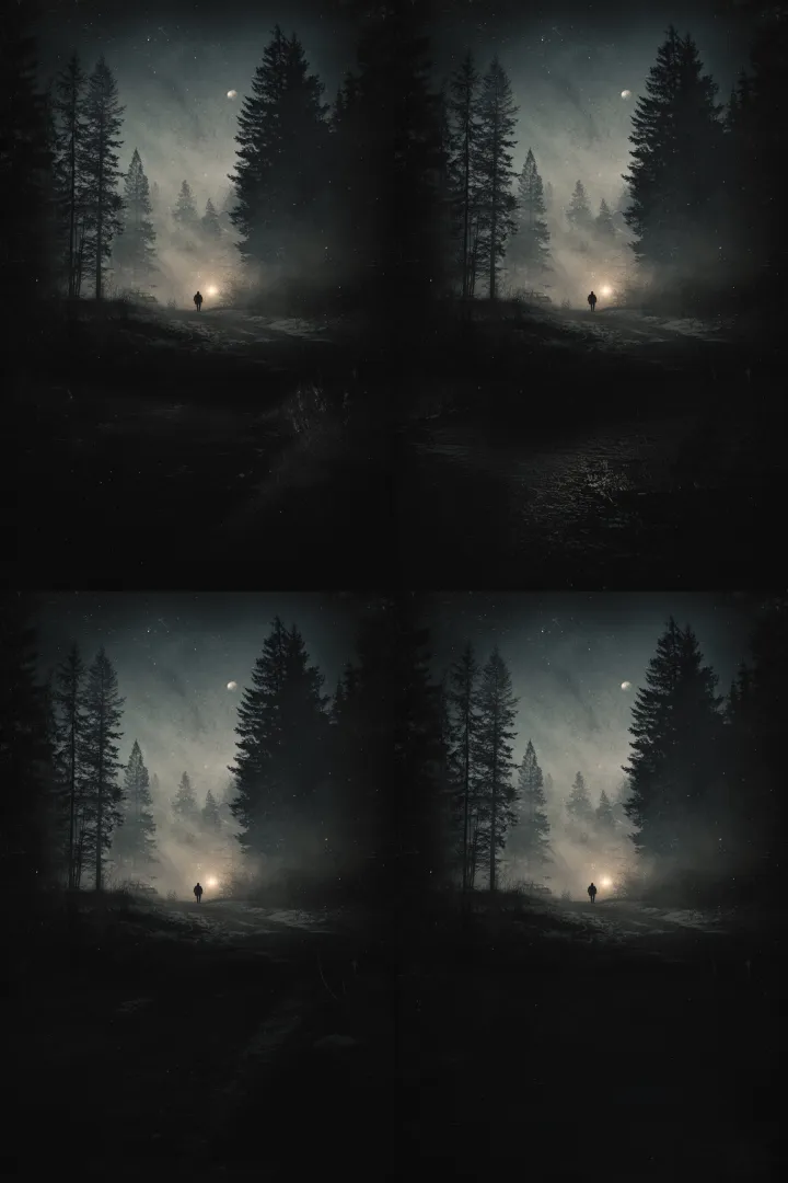 A lone figure walking through a dark, quiet forest