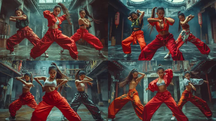 asian Three vibrant female dancers suddenly appear