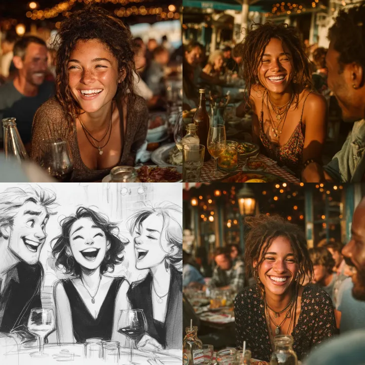 friends having a good time at lunch, laughing, hav