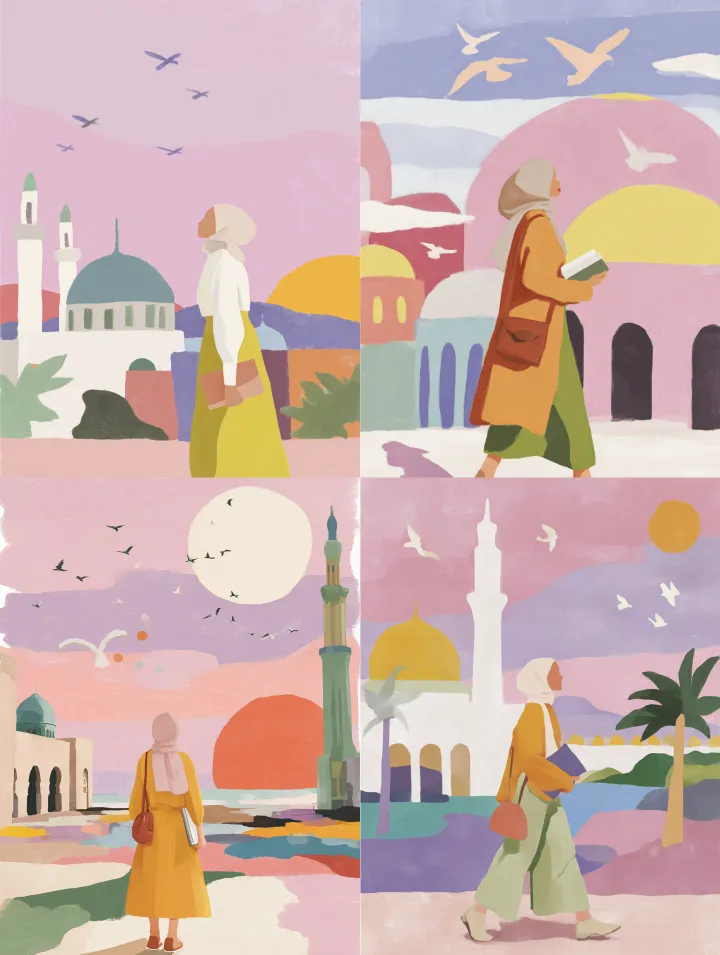 background of mosque courtyard with sunset view, a