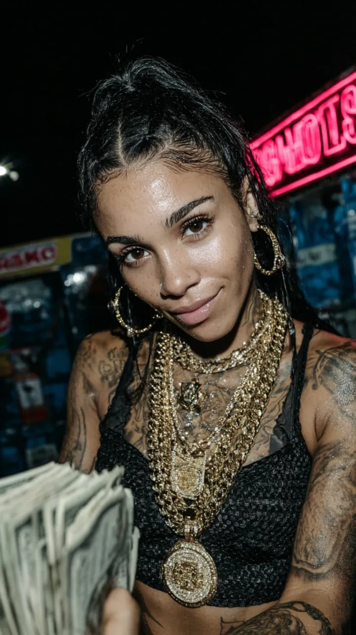 Ultra-photoreal neon nightclub portrait of a woman