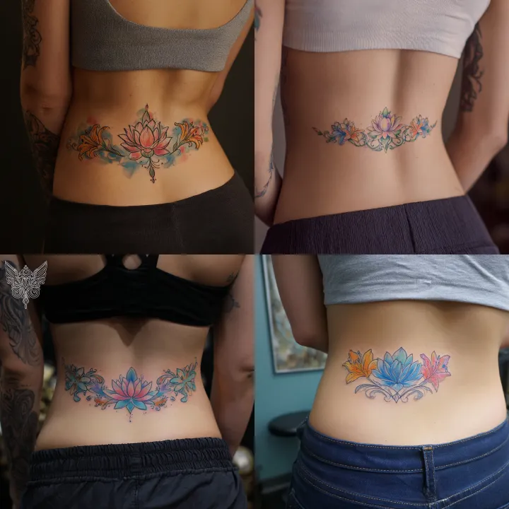 a lower back tattoo of a lotus flower and tiger li