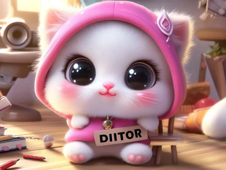 A cartoon -style fluffy white cat with big eyes , 