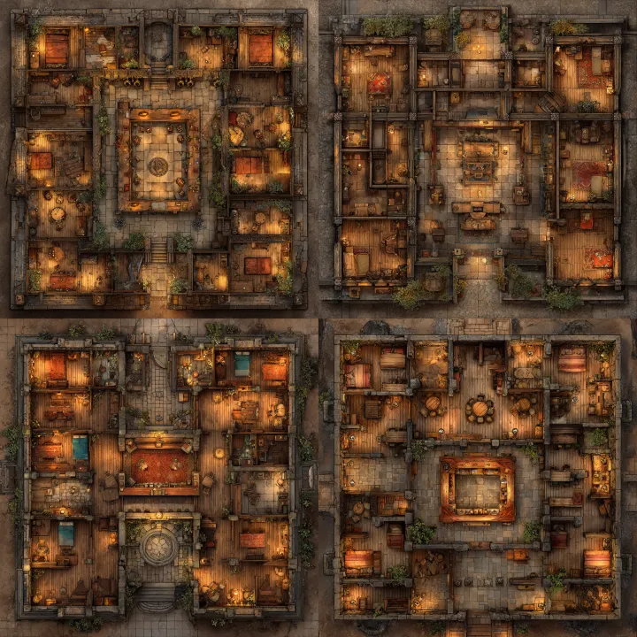 overhead layout battle map of a d&d inn with 10 sl