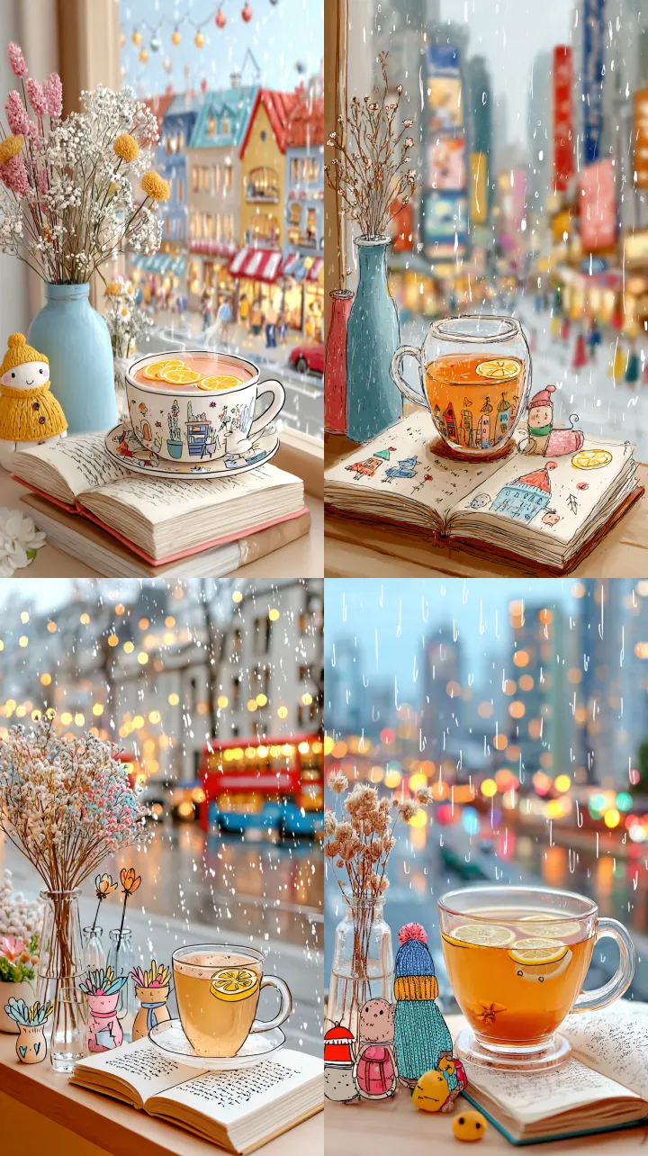 a soft cozy corner by a rainy window, a steaming c