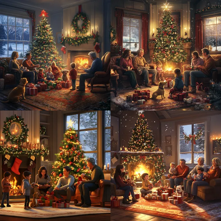 A super -realistic holiday scene : a warmly lit li