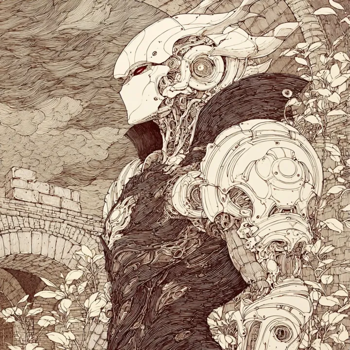 A futuristic biomechanical soldier priest standing