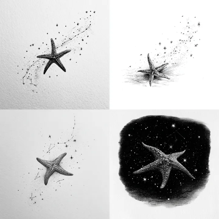 A black ink sketch of a starfish floating in a sta