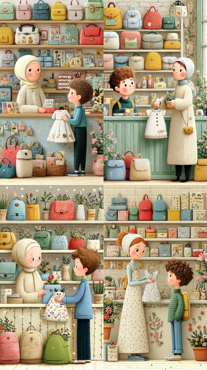 A cozy stationery and clothing shop interior, shel