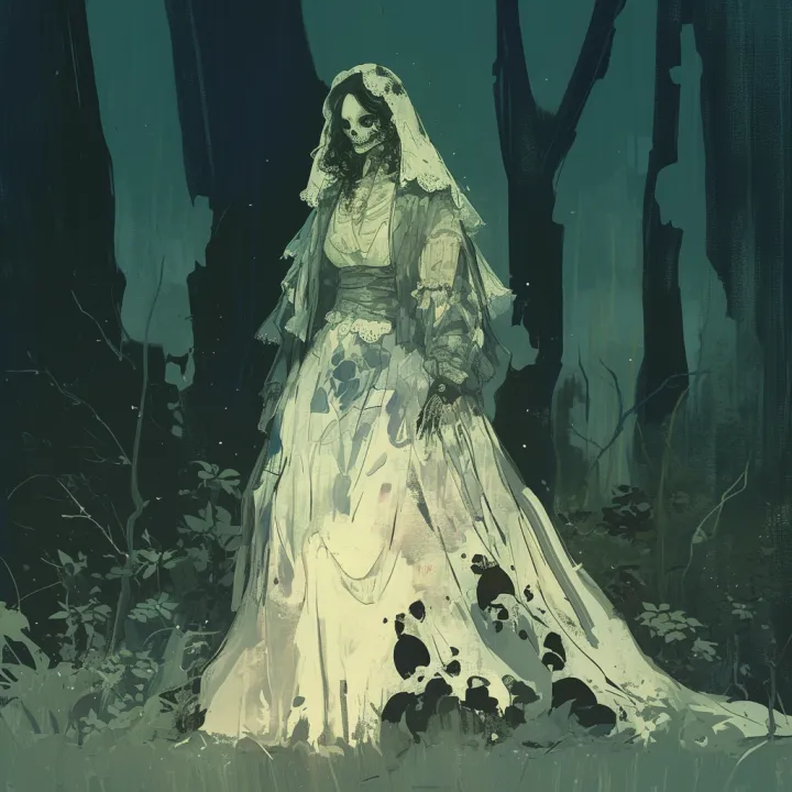 a woman skeleton, wearing a torn bridal dress, sta