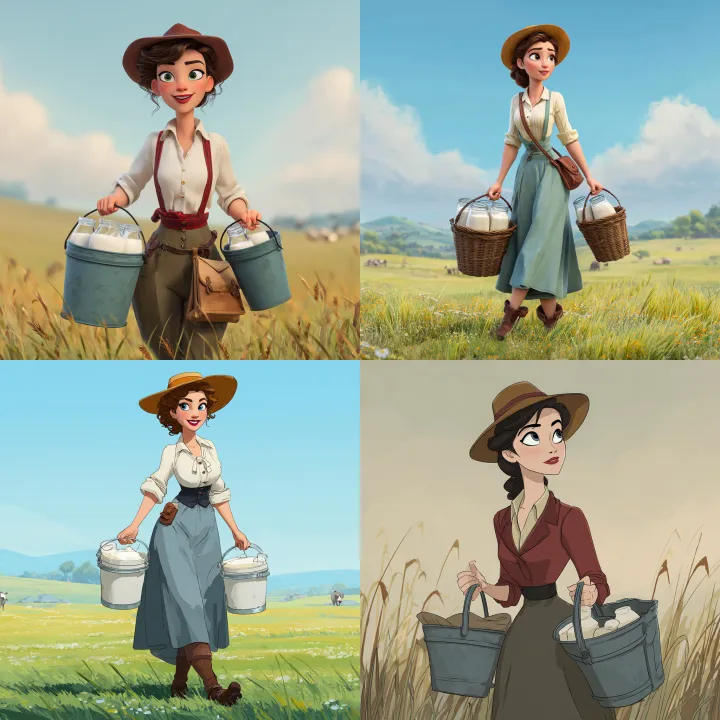 cartoon character, a female farmer, dressed like i