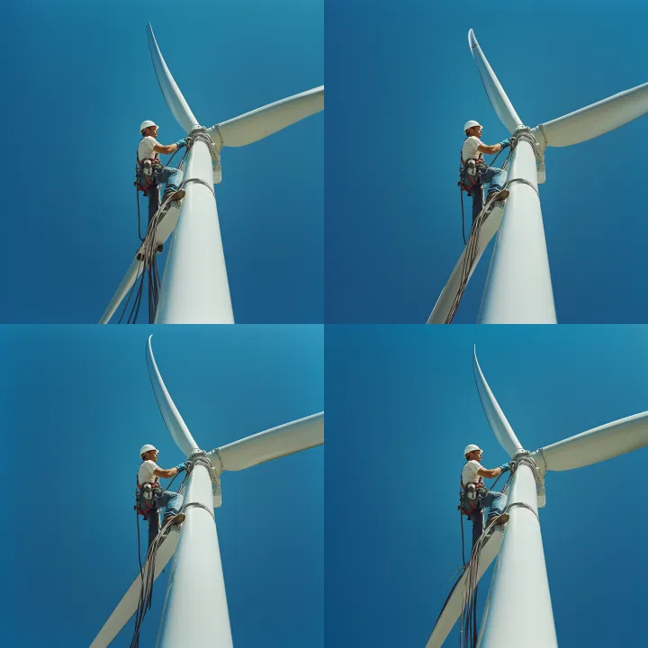 wind turbine , a man working on it , not looking a