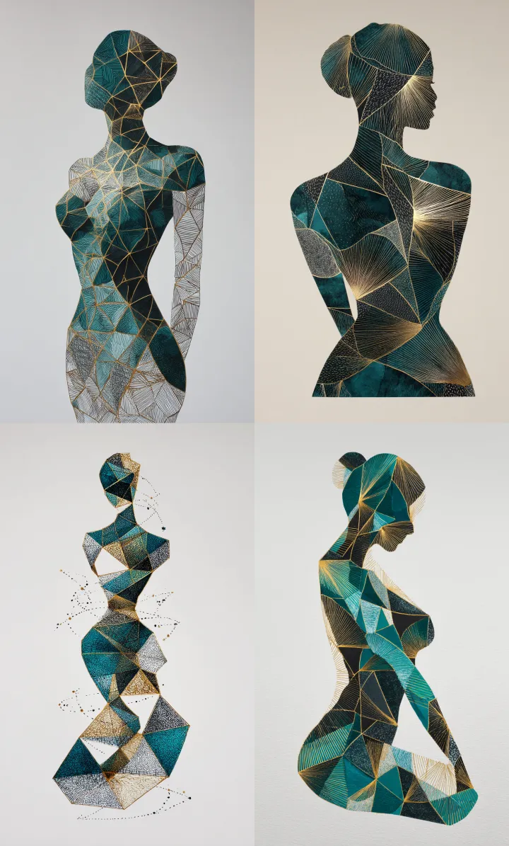 an abstract drawing of a woman's body in teal and 