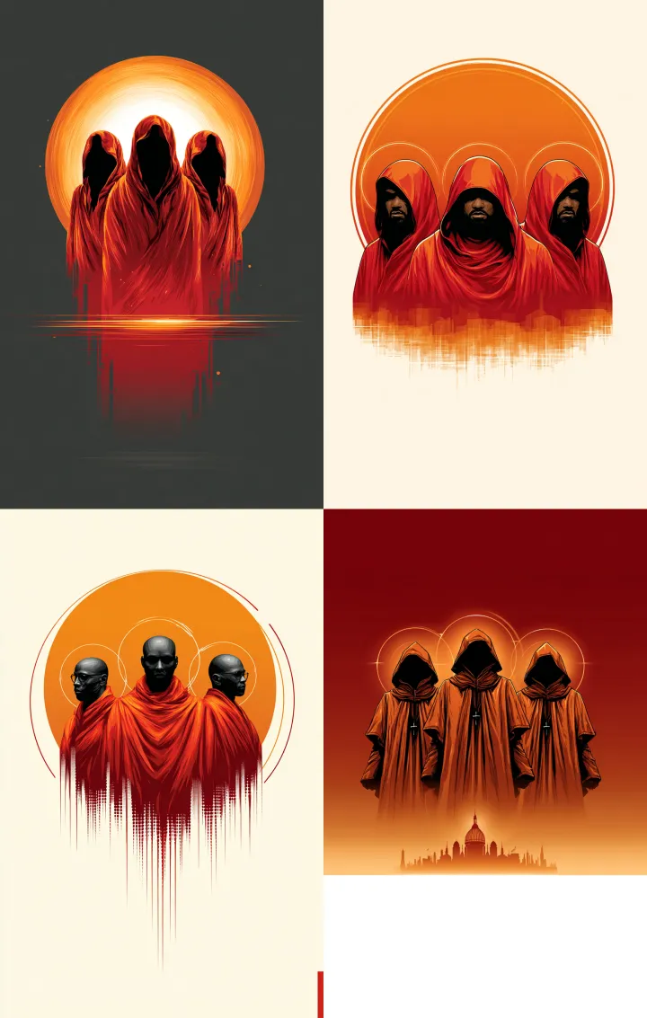 Three Cosmic Monks, tall celestial figures in flow