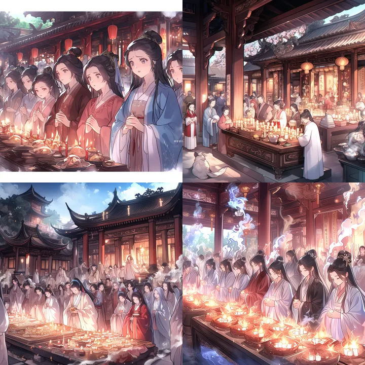 Busy scene inside Yuqing Temple, multiple figures 