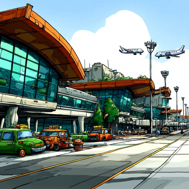 Cartoon style illustration of an airport exterior,