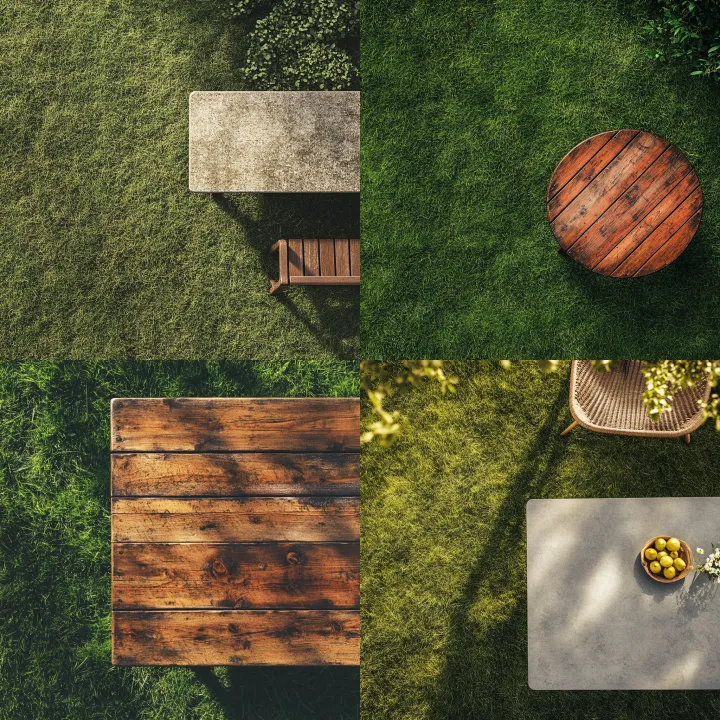 A garden table placed outdoors on a green lawn , v