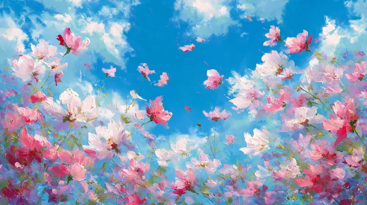 Oil painting style, under a bright blue sky, pink 