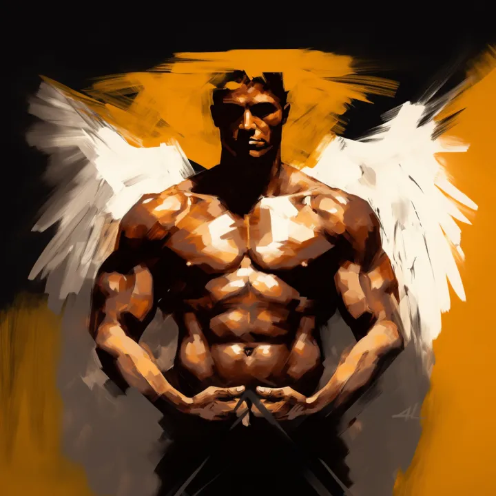 Oil Paint , High Contrast , male angel . Bodybuild