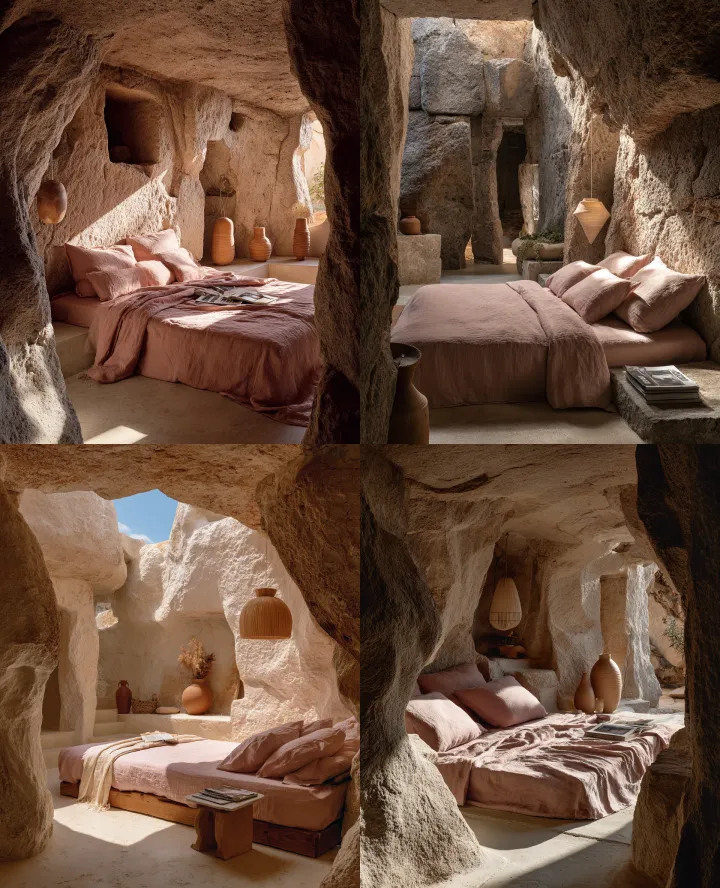 A bedroom carved into the rocks, featuring a bed w