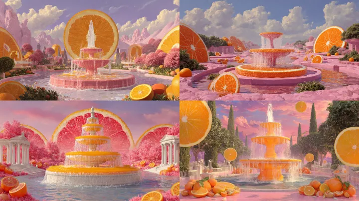 a pink fantasy landscape made from breakfast food,
