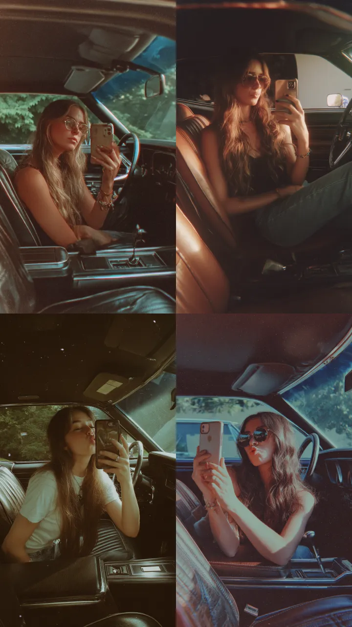 a 1970s hippie girl sitting in a 1970s muscle car 