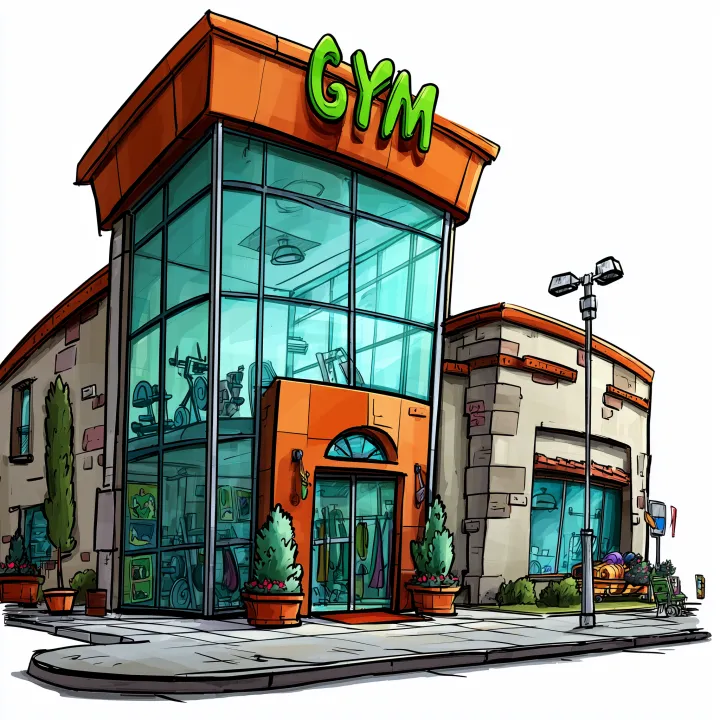 Cartoon style illustration of a gym building from 