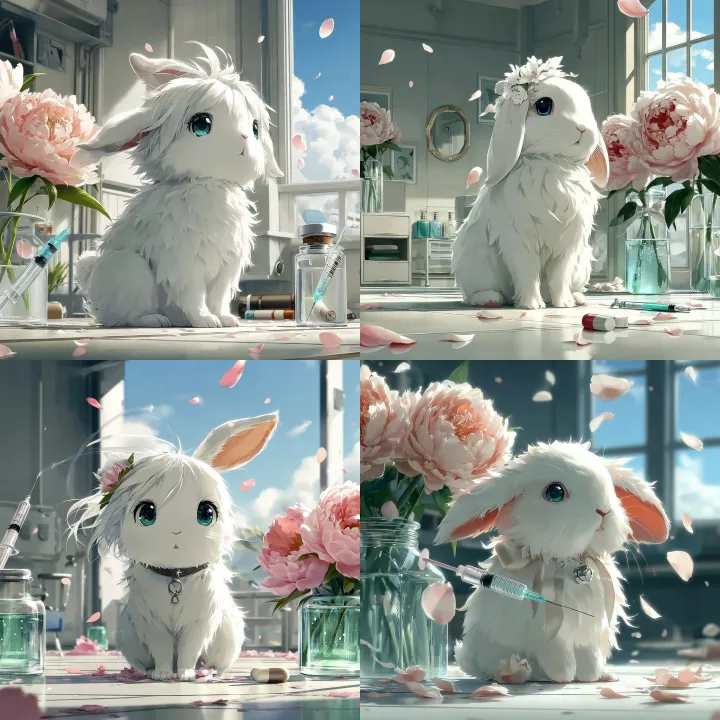 white fluffy bunny with a syringe in the backgroun