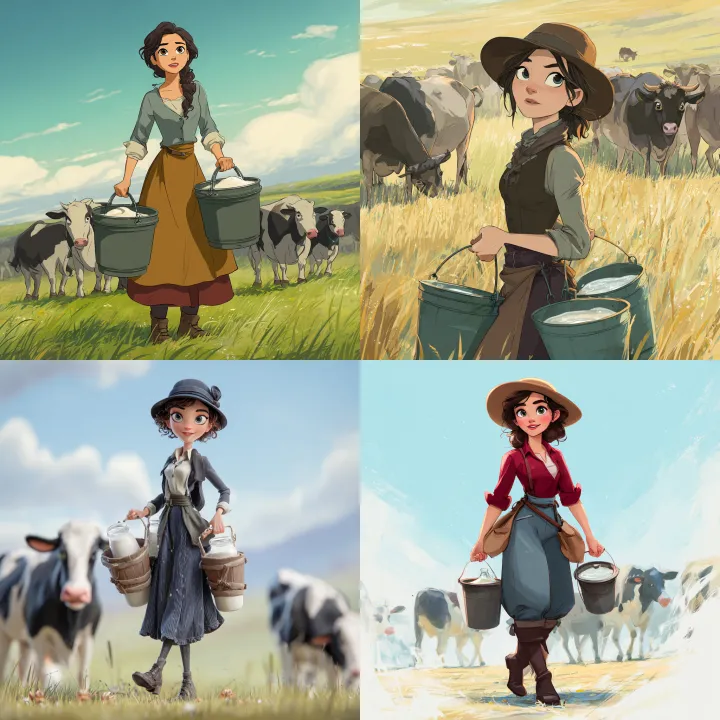 cartoon character, a female farmer, carrying bucke