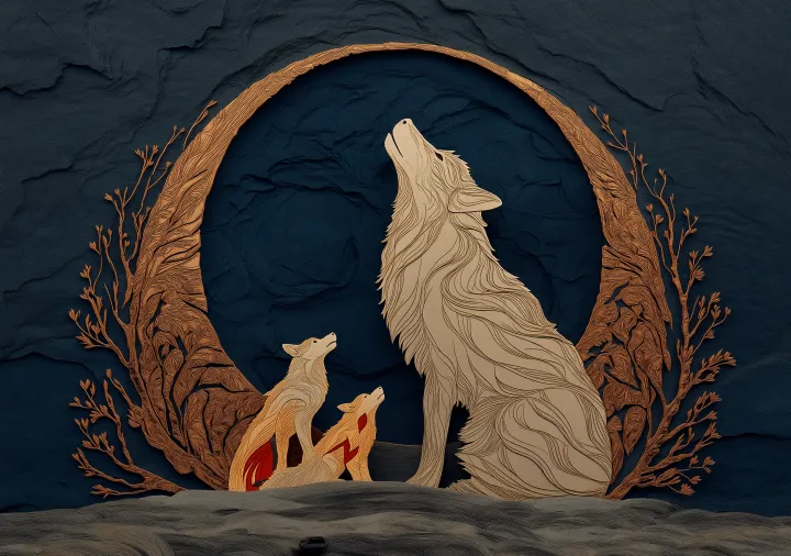 A mother wolf and cubs beneath a nursing moon, the