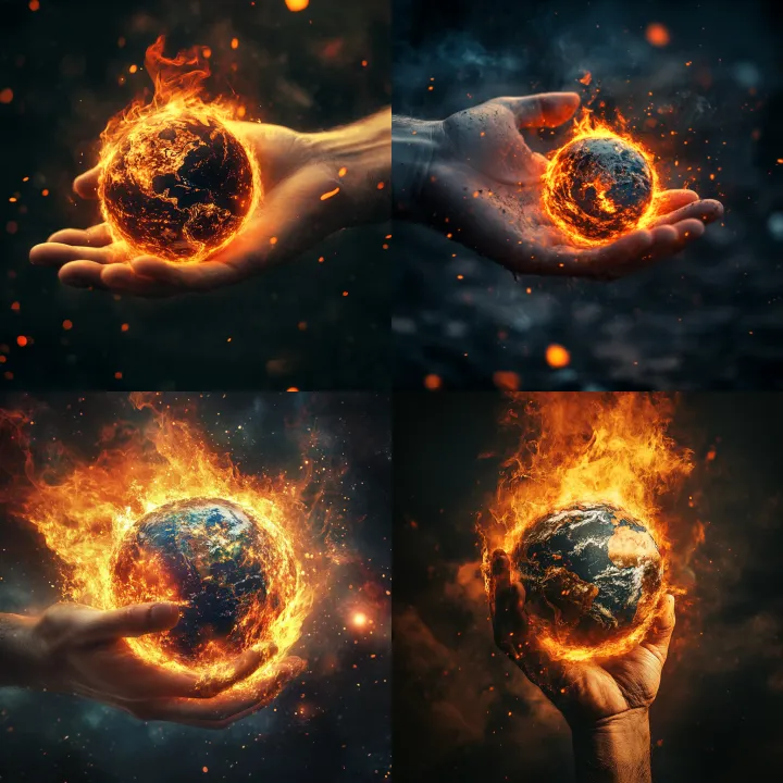 hand holding an earth tht is on fire