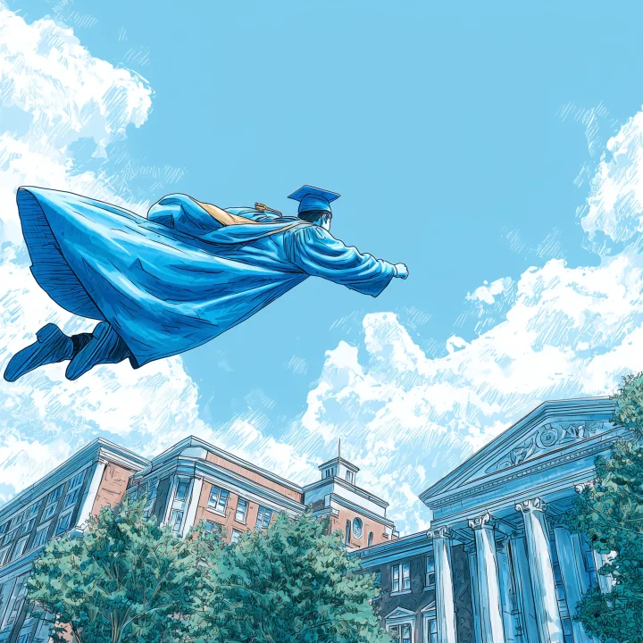 a drawing of a graduate in a blue cap and gown fly