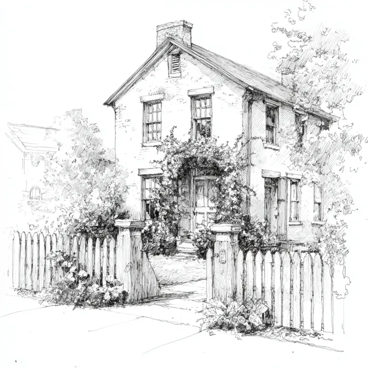 a pencil sketch of a 1860 mid american house with 