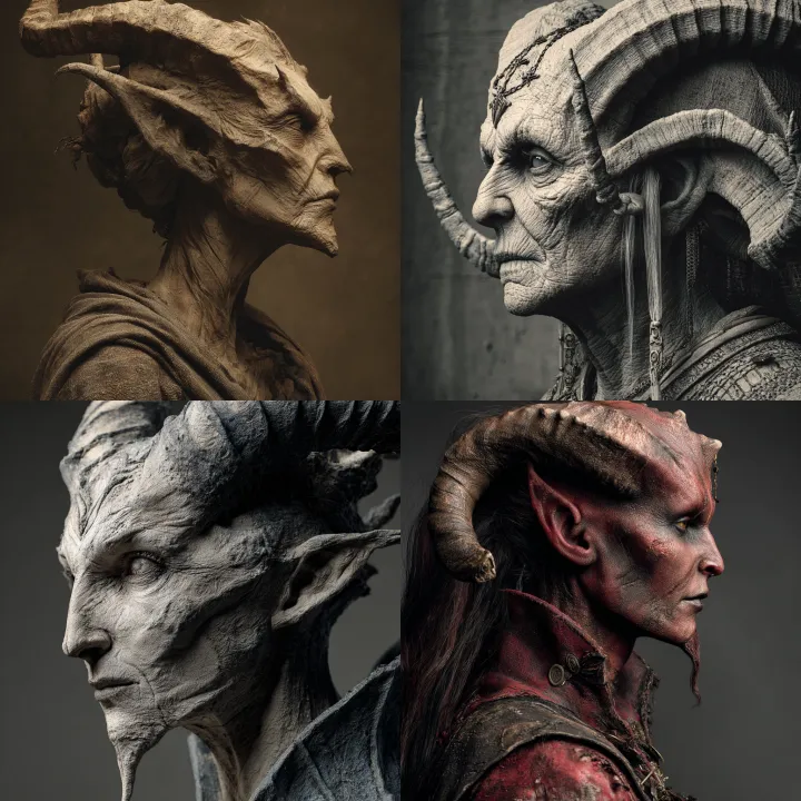 Demon woman, three-quarter view, with an aged scul