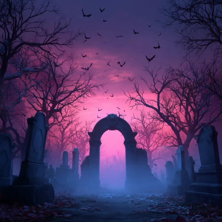 Dark graveyard scene at dusk, vivid purple and pin