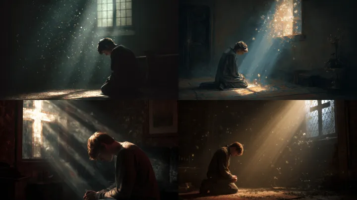A weary young man kneeling in prayer in a small, d