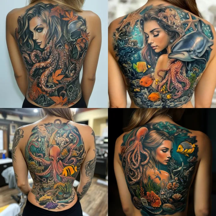 tattoo full back woman in color with under the sea