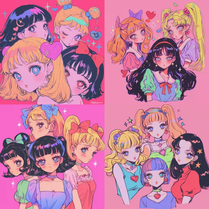 cute anime style girls like powerpuff girls faces 