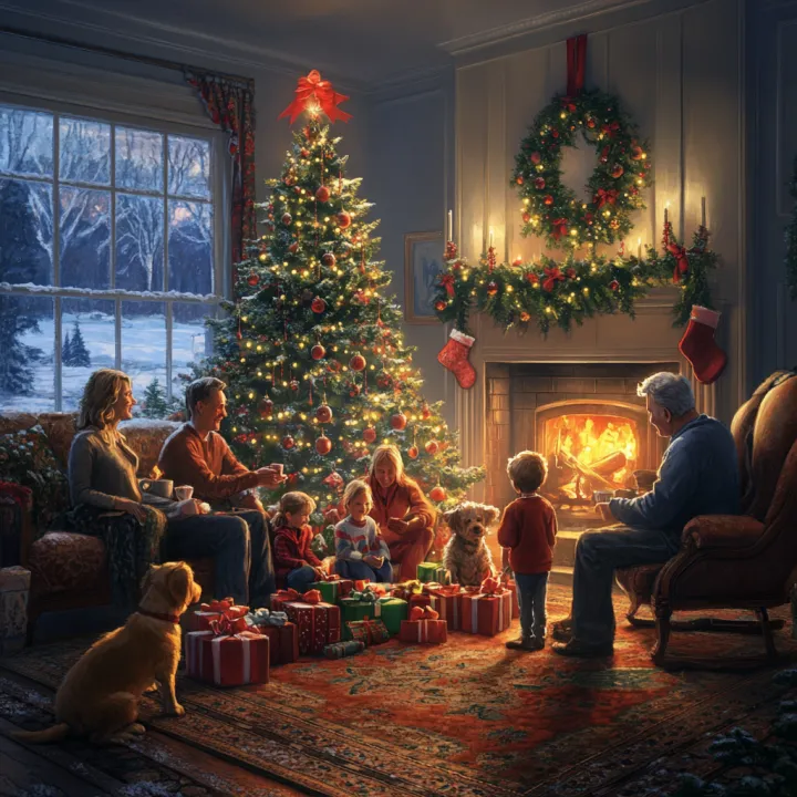 A super -realistic holiday scene : a warmly lit li