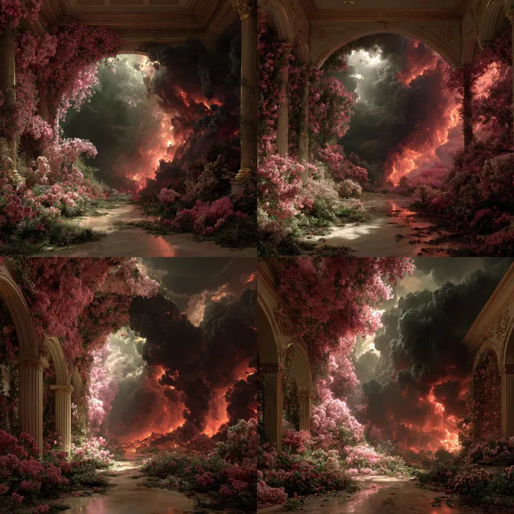 a scene, heaven with beautiful pink flowers and a 