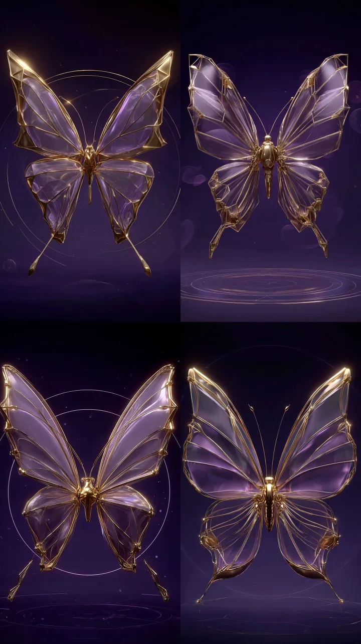 A front-facing, fully open 3D metallic butterfly, 